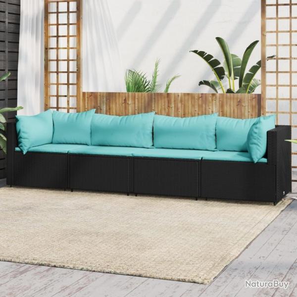 Salon de jardin 4 pcs avec coussins Noir R�sine tress�e