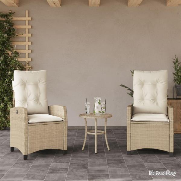 Chaises inclinables de jardin lot de 2 et coussins beige rotin