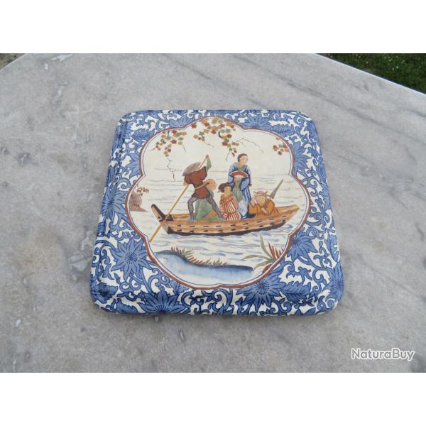 Ancien grand dessous de plat en fa�ence de Gien � D�cor Asiatique/Japonisant - FRANCE (XIX�-XX�)