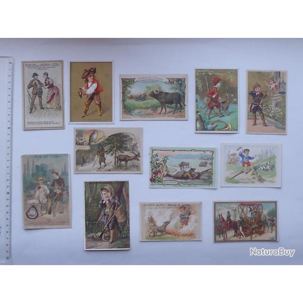 LOT 12 CHROMOS diff�rents sur le th�me de la CHASSE: HUMOUR Faucon Buffle Bison Loup A l'aff�t