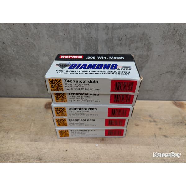 Lot de 97x munitions 308 winchester Norma Diamond Line 190g