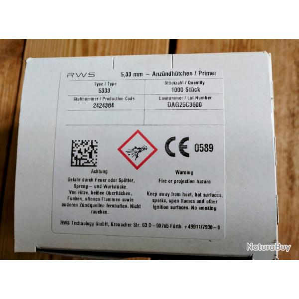 RWS amorces boxer sinoxid 5334 large rifle magnum par 1000