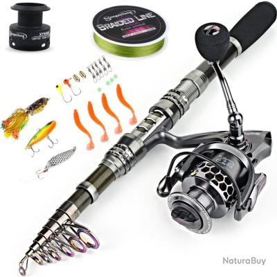 Canne à Pêche et Combo Moulinet Canne à Pêche Télescopique en Fibre de Carbone avec Combo Moulinet Spinning Sac de Transport Étui Eau Salée Eau Douce Voyage Leurres de Pêche Jig Hameçons