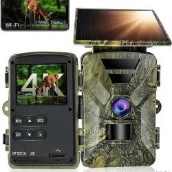 Cam&eacute;ra de Chasse Solaire 4K WiFi Bluetooth 60MP IP66 Vision Nocturne D&eacute;tection PIR Batterie Recharge