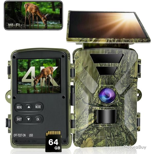 Cam�ra de Chasse Solaire 4K WiFi Bluetooth Vision Nocturne 64Go App Mobile  Autonome avec Batterie