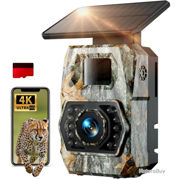 Cam�ra de Chasse Solaire 4K Vision Nocturne 60MP WiFi �tanche Carte 32Go Batterie 5200mAh Camouflage