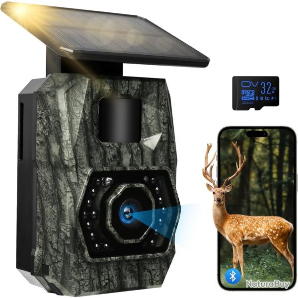 Cam�ra de Chasse Solaire 4K Vision Nocturne 60MP WiFi �tanche Carte 32Go Batterie 5200mAh Noir