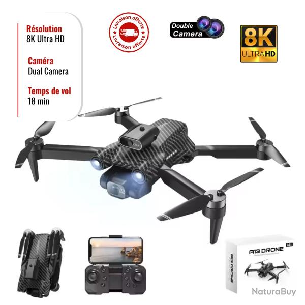 Drone Pliable A13 8K Double Camras, Jouet RC Enfant, vitement Obstacle, 15 Min Autonomie, 150m