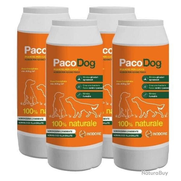 PacoDog - 4 Bouteilles de Poudre pour chenil contre tiques, puces, moustiques et mauvaises odeurs