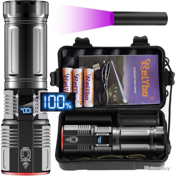 Lampe Torche LED 600000 Lumens Ultra Puissante IPX6 tanche Rechargeable USB 3 Modes Zoom