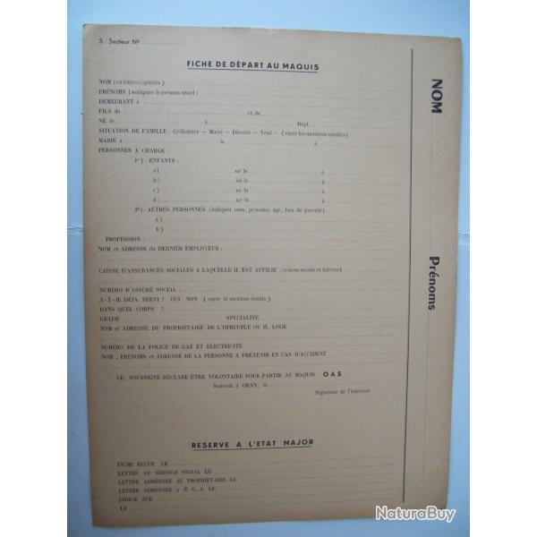 militaria apr�s geurre document fiche de d�part au maquis