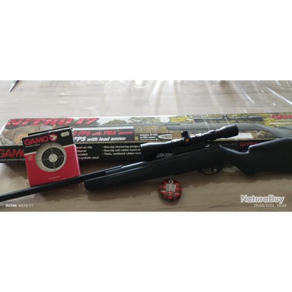 Carabine aire comprim� 4,5 nitro 17 marque gamo avec lunettes de tir 3x9x40 +cible + plomb et bo�te