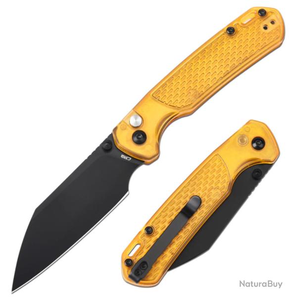 Couteau CJRB Cutlery Pyrite-Light Acier AR-RPM9 Manche FRN Ambre Bouton Lock KIVT J1945AMB
