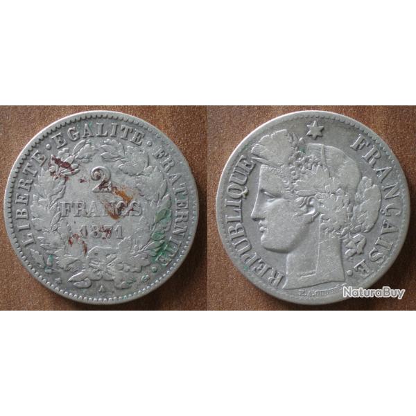 France 2 Francs 1871 Petit A Piece Argent Franc