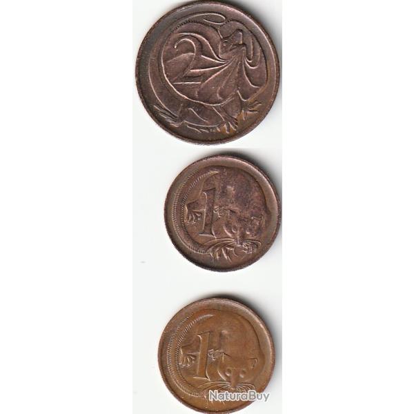 Pi�ce de Monnaie Australie Lot de 3 Monnaies 1 Cent Elizabeth II 2e effigie 1970-1981& 2 Cents 1971