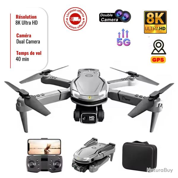 Drone 8K GPS 5G WiFi Double Cam�ra, 40min d'Autonomie, Stabilisation EIS, Pliable L�ger, Gris Pr
