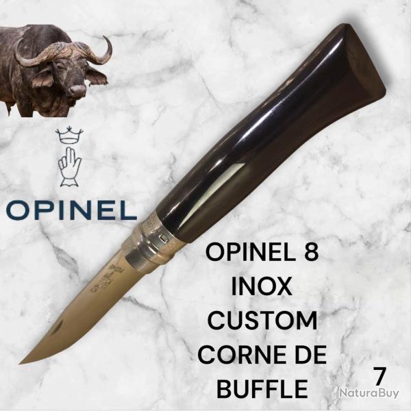 7) Couteau Opinel N8 CUSTOM Manche en Corne de Buffle, tui cuir OFFERT ,Fait Main, Artisanal
