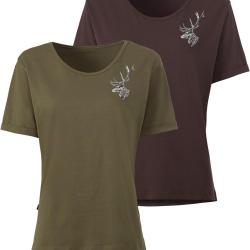 Pack de 2 t shirts femme imprim&eacute;s cerf Couleur Vert Marron