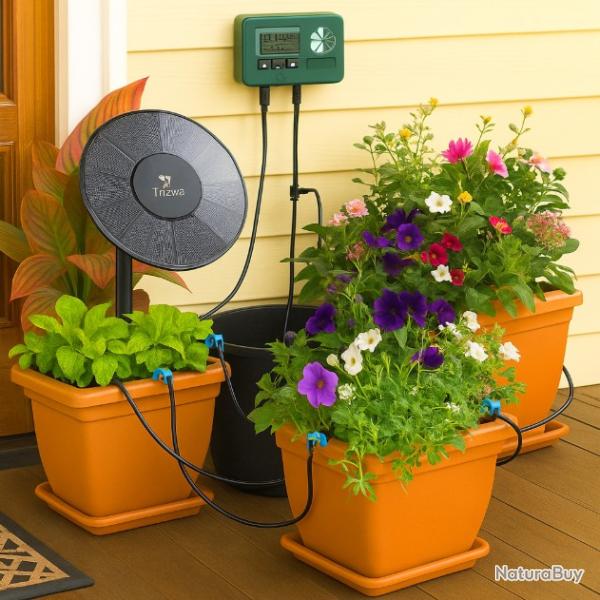 Kit Irrigation Solaire Goutte-�-Goutte 15m Arrosage Automatique Minuterie Jardin Balcon Serre Pompe