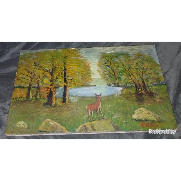 TABLEAU � L'HUILE CHAMP�TRE, BICHE, SOUS-BOIS, LAC