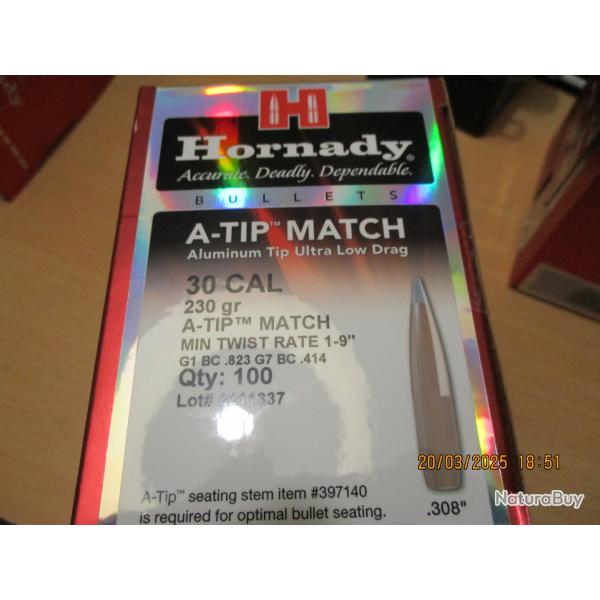 100 Ogives HORNADY cal 30-230gr A-Tip