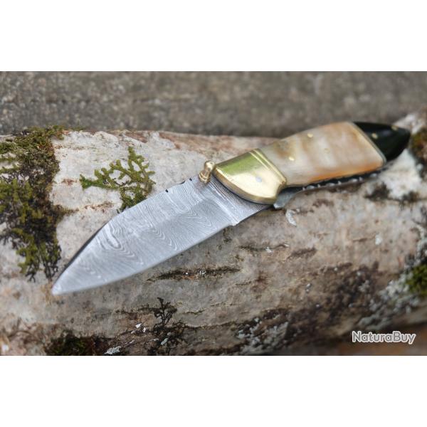 Beau Couteau Damas Lame Sheepfoot 128 Couches Manche B�lier & R�sine Fab Artisanale Linerlock