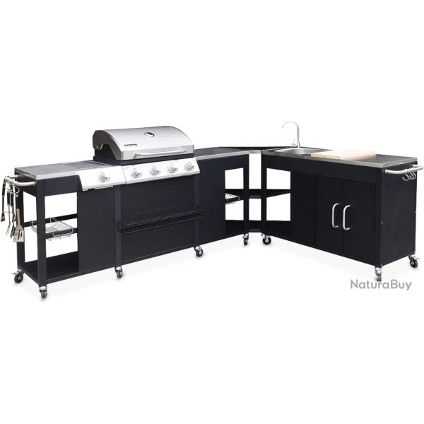 Combin de cuisine d'extrieur 5 brleurs gaz, vier. planche. ustensiles. plan, angle modulable