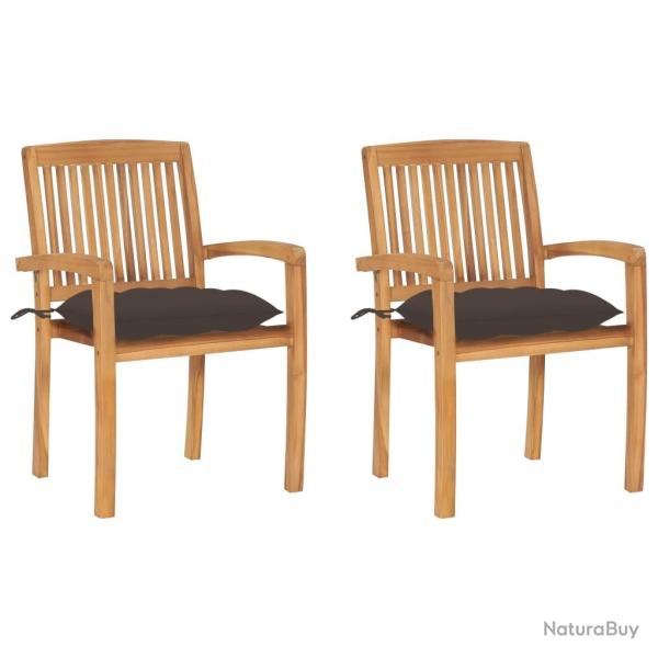 Chaises de jardin lot de 2 et coussins taupe Bois teck massif