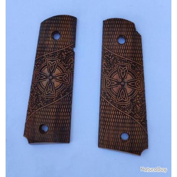 Plaquettes bois pour colt 1911, Sculpt� croix celtique occident - neuf