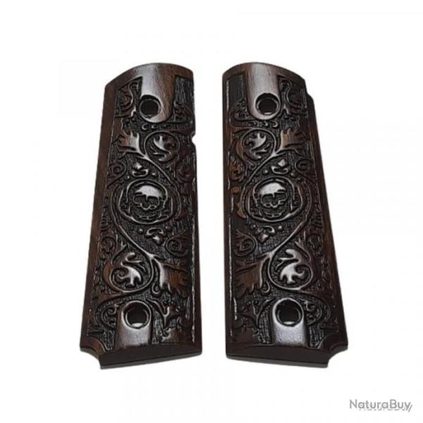 Plaquettes bois pour colt 1911, Sculpt� T�te de mort - neuf