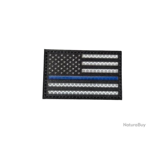Patch Drapeau - Etats-Unis - Noir/blanc - Ligne bleue - R�fl�chissant - Velcro - Livraison gratuite