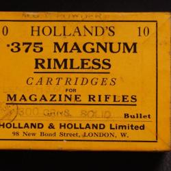 375 H&H HOLLAND HOLLAND LONDON 375 MAGNUM RIMELESS MUNITION BOITES CARTON 10 CARTOUCHES 300grains Tr