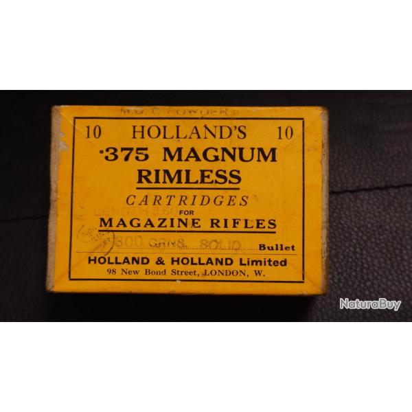 375 H&H HOLLAND HOLLAND LONDON 375 MAGNUM RIMELESS MUNITION BOITES CARTON 10 CARTOUCHES 300grains Tr