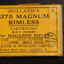 375 H&H HOLLAND HOLLAND LONDON 375 MAGNUM RIMELESS MUNITION BOITES CARTON 5 CARTOUCHES 270grains Tr&egrave;