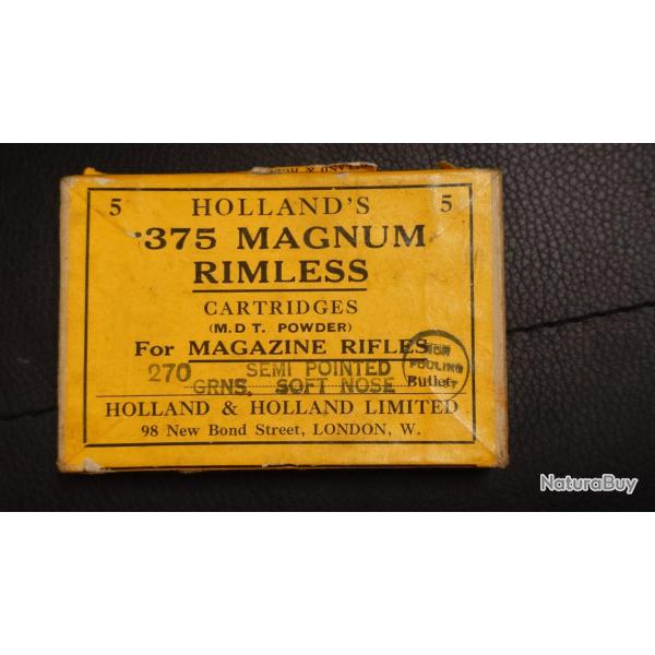 375 H&H HOLLAND HOLLAND LONDON 375 MAGNUM RIMELESS MUNITION BOITES CARTON 5 CARTOUCHES 270grains Tr�
