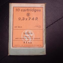 9,3x74R 10 CARTOUCHES BOITE CARTON ANCIENNE FABRICATION 1977 TCHEQUE NEROXIN SOFT POINT 18.5g SM-5 3