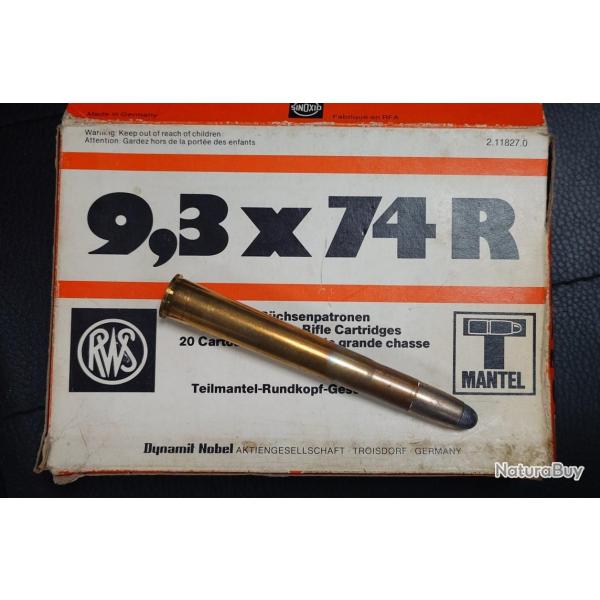 9,3x74R 20 CARTOUCHES BOITE CARTON ANCIENNE RWS MANTEL SINOXID SOFT POINT 18.5g 285 GRAINS Trs bon 