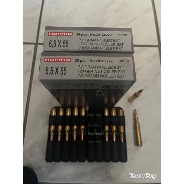 40 balles calibre 6.5x55 SE Norma Nosler BST 7.8 grammes