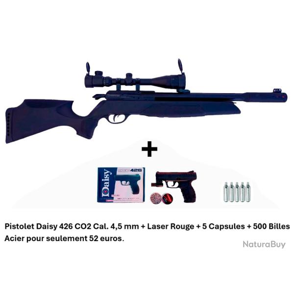 PACK-1 ! Carabine Arrow Gamo 4,5 mm + 3-9 x 40 + Pistolet Daisy 426 + 500 billes + 5 CO2 + Laser