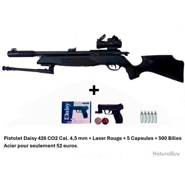 PACK4 ! Carabine Arrow Gamo 5,5 mm + RED DOT 2X40 + Pistolet Daisy 426 + 500 billes acier + 5 CO2