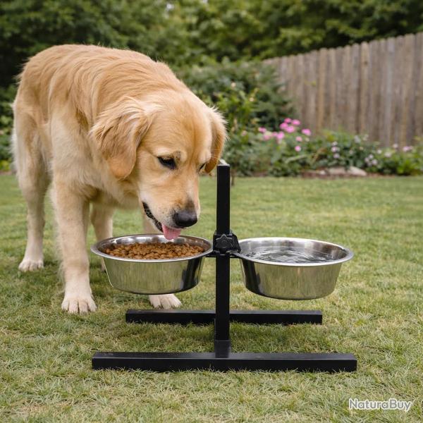 Mangeoire chien sur pied r�glable + 2 gamelles � de 19 cm