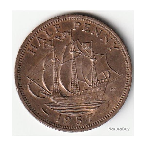Pi�ce de Monnaie Angleterre 1/2 penny - Elizabeth II 1re effigie, sans "BRITT:OMN:" 1957
