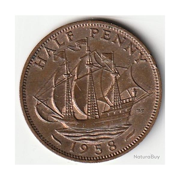 Pi�ce de Monnaie Angleterre 1/2 penny - Elizabeth II 1re effigie, sans "BRITT:OMN:" 1958