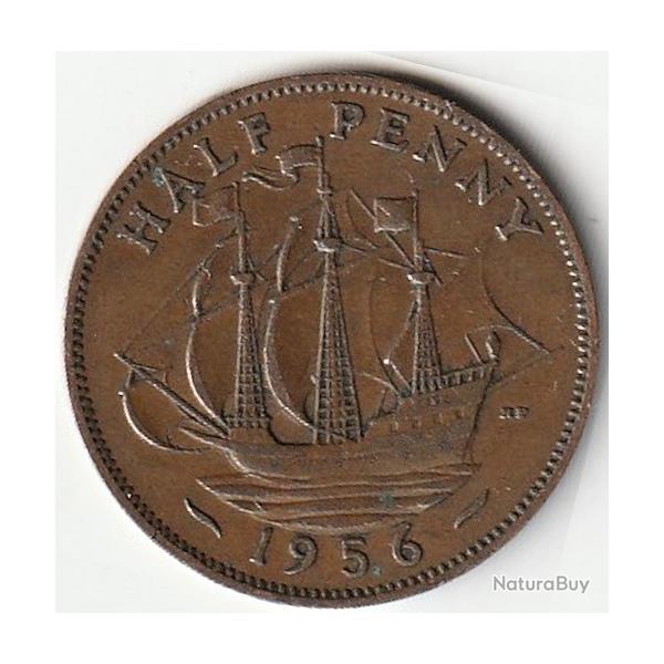 Pi�ce de Monnaie Angleterre 1/2 penny - Elizabeth II 1re effigie, sans "BRITT:OMN:" 1956