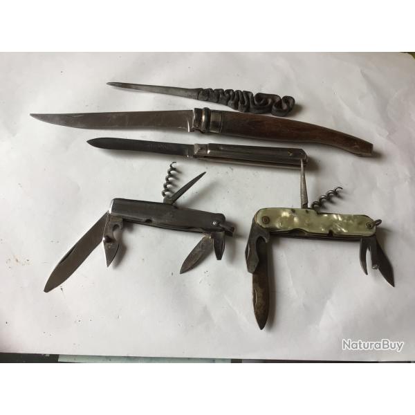 VENDU PAR LE-CUIRASSIER LOT. N� 6 DE 4 COUTEAUX PLIANT ET UN OUVRE LETTRE ARTISANAL