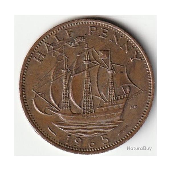 Pi�ce de Monnaie Angleterre 1/2 penny - Elizabeth II 1re effigie, sans "BRITT:OMN:" 1965