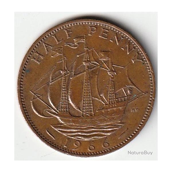 Pi�ce de Monnaie Angleterre 1/2 penny - Elizabeth II 1re effigie, sans "BRITT:OMN:" 1966