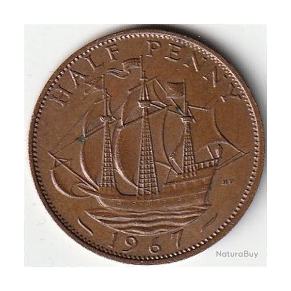 Pi�ce de Monnaie Angleterre 1/2 penny - Elizabeth II 1re effigie, sans "BRITT:OMN:" 1967