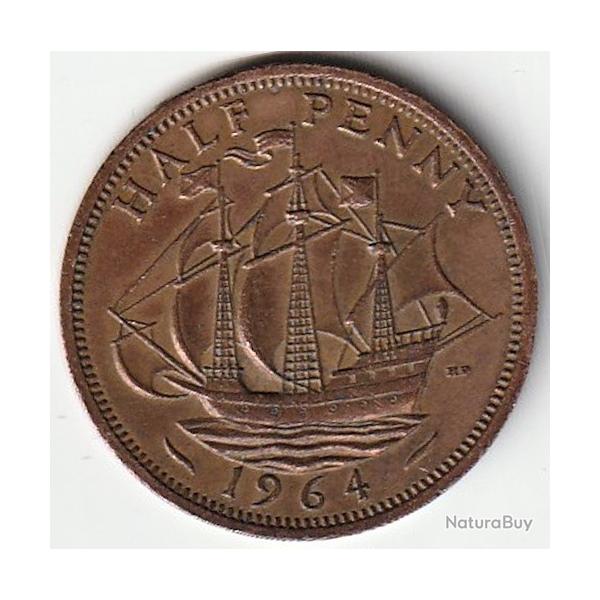 Pi�ce de Monnaie Angleterre 1/2 penny - Elizabeth II 1re effigie, sans "BRITT:OMN:" 1964