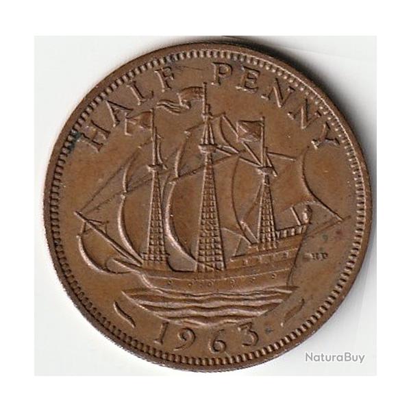 Pi�ce de Monnaie Angleterre 1/2 penny - Elizabeth II 1re effigie, sans "BRITT:OMN:" 1963